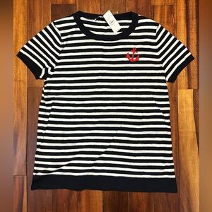 NWT. LOFT Navy & White Striped Sweater Tee with Red Anchor Applique, 100% Cotton